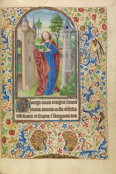 塔の前で本と殉教者の掌を持つ聖バルバラ 作： Master of Jacques of Luxembourg