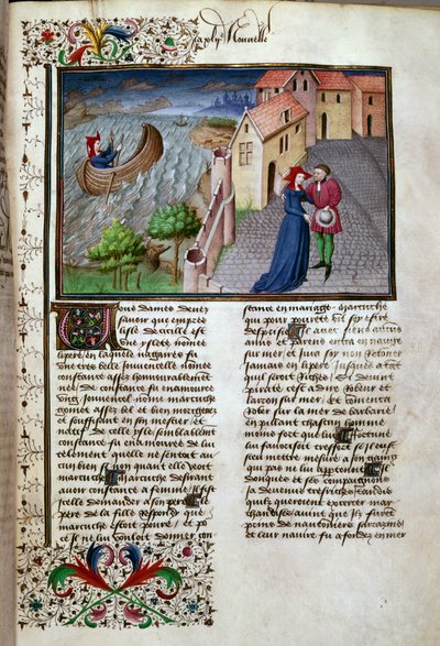マンセルのマスターによって照らされた、イタリアの作家ジャン・ボッカチオ（1313-1375）のジョヴァンニ・ボッカチオによる「デカメロン」のフランス語の写本から取られた出発ページ。 1450. パリ、アーセナル図書館 作： Master of Jean Mansel