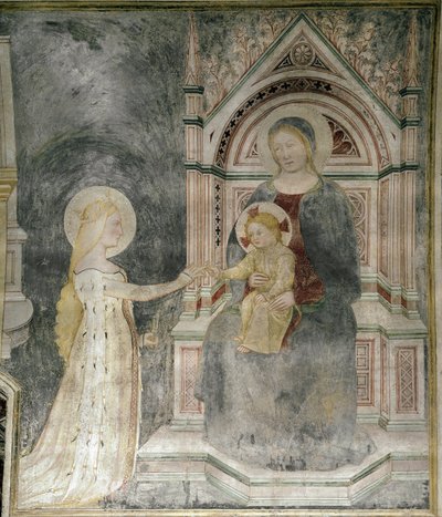 聖マグダラのマリアとキリストの精神的な結婚、詳細。 (1377年頃、キャンバスに描かれたフレスコ画) 作： Master of Mocchirolo