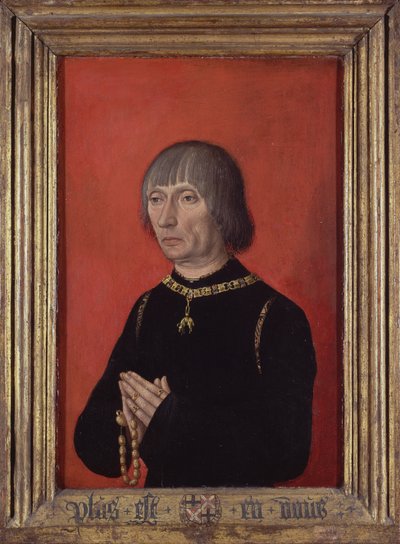 「ブルージュのルイの肖像画、グルートゥース卿 (1422-1492)」 王子の肖像画のマスターによる絵画 (1450 年頃に活動) 1490 年頃、グルーニング美術館、ブルージュ 作： Master of Portraits of Princes