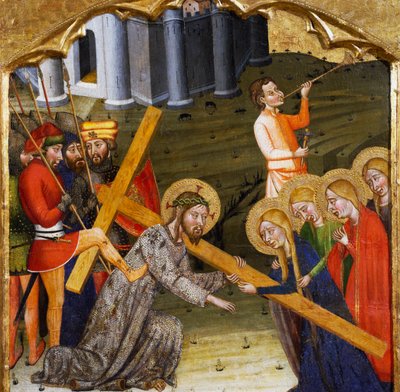 十字架を背負うイエス ルビオの巨匠（14世紀） サンタ・マリア・ルビオ教会の祭壇画のプレデラ 木に描かれています。 作： Master of Rubió