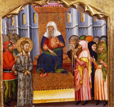 ルビオの巨匠による「イエスの裁判」（14世紀）、ルビオのサンタ・マリア教会の祭壇画のプレデラ、木に描かれています。 作： Master of Rubió