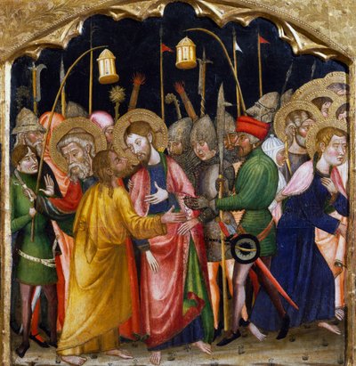 ルビオの巨匠による「ユダの口づけ」（14世紀）、ルビオのサンタ・マリア教会の祭壇画のプレデラ、木に描かれている。 作： Master of Rubió