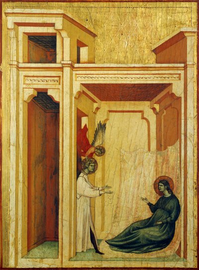 バラとユリでバレリアンを戴冠する天使、1304 年頃の聖セシリアの伝説を描いた祭壇画の詳細、聖セシリアのマスター (14 世紀初頭に活躍) 作、パネルにテンペラ、金箔の刻印、85x181 cm 作： Master of Saint Cecilia