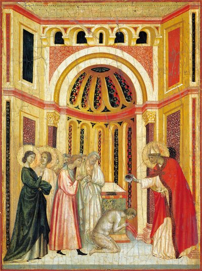 ティブルシオにバプテスマを施すアーバン司教、1304年頃の聖セシリアの伝説の祭壇画の詳細、聖セシリアのマスター（14世紀初頭に活動）による、パネルにテンペラ、金箔の刻印、85x181 cm 作： Master of Saint Cecilia