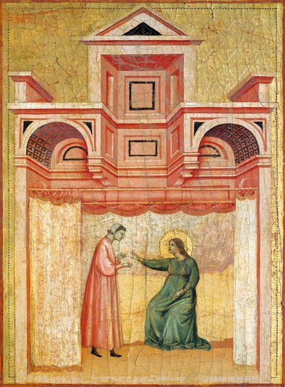 夫のヴァレリアンを洗礼に説得するセシリア、1304年頃の聖セシリアの伝説を描いた祭壇画の詳細、聖セシリアのマスター（14世紀初頭に活動）、パネルにテンペラ、金箔の刻印、85x181 cm 作： Master of Saint Cecilia