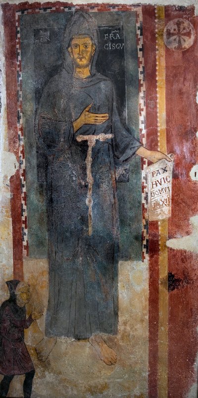 アッシジの聖フランソワ（1181-1226）の表現 この作品は、聖人が生きている間に処刑された最初の表現であることは間違いなく、汚名もアウレオールもなく表現されています。聖フランソワは紙を持ち、ラテン語で「Pax huic Domui」（平和）と書かれています。 作： Master of Saint Francis of Assisi