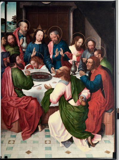 La cene (最後の晩餐) San Giovanni evangelista (Saint John Evangelist) の巨匠による絵画 (15 世紀後半) Dim 120x90 cm Genes, Musei di Strada Nuova (ex Palazzo Bianco) inv n PB 156 作： Master of Saint John Evangelist