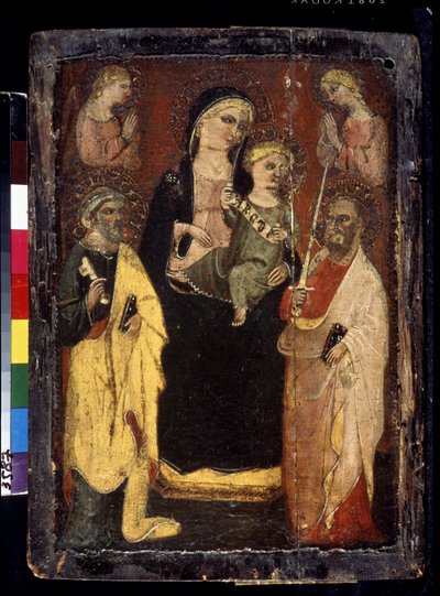 「マドンナとチャイルド エンスローニング ウィズ セント ピーター アンド ポール」 (Madonna and Child Enthroned with Saints Peter and Paul) ムチアーノのサン ヤコポの巨匠による木版画 (15 世紀) プーシキン美術館、モスクワ 作： Master of San Jacopo a Mucciana
