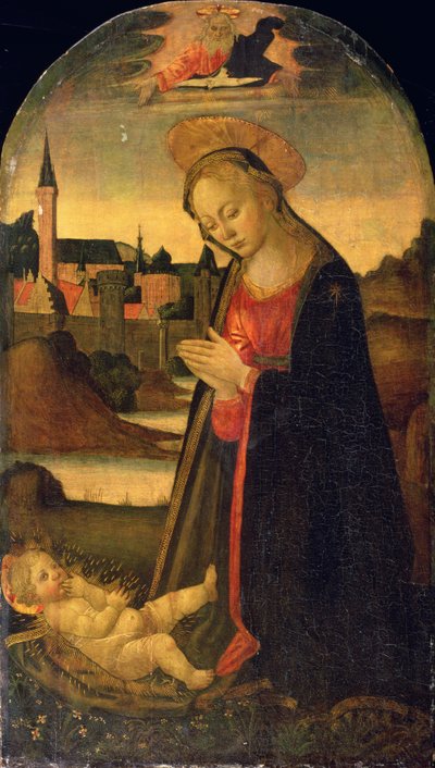 子を抱く聖母、川の向こうの町 1478年頃（パネルに油彩 作： Master of San Miniato