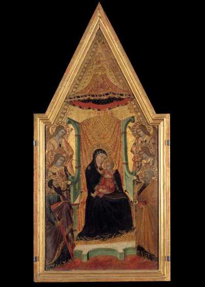 聖パウロ、聖ペテロ、4人の天使の間で威厳を放つ聖母 サンタ・マリアの巨匠の祭壇画（14世紀）。薄さ0.28×0.58m アヴィニョン、ペトロ・パレ美術館 作： Master of Santa Maria di Castello