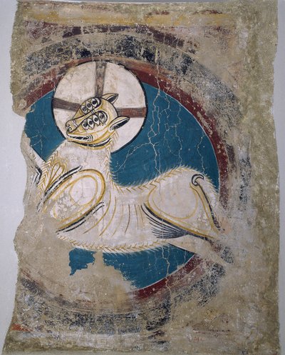 黙示録的な子羊 (Sant Climent de Tauell から) - Tahull のマスター (Sant Climent de Tauell のマスター) (12 世紀に活動) - 1123 年頃 - フレスコ画 - 146x113 - バルセロナ国立カタルーニャ美術館 作： Master of Tahull