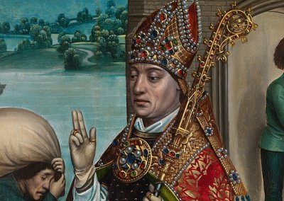 聖ニコラスの祭壇画からの穀物の奇跡の詳細、c.1486-93（パネルに油彩） 作： Master of The Legend of St. Lucy