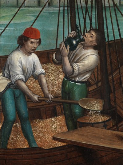 聖ニコラスの祭壇画からの穀物の奇跡の詳細、c.1486-93（パネルに油彩） 作： Master of The Legend of St. Lucy