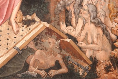 「復活」と「リンボへの降下」、「リンボへの降下」の詳細：地獄の門と地上の悪魔の姿、1420年頃（フレスコ画） 作： Master of Vignola