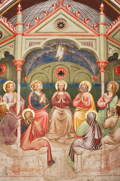 「ペンテコステ」、祈る聖人と聖母マリア、鳩の詳細、1420年頃（フレスコ画） 作： Master of Vignola