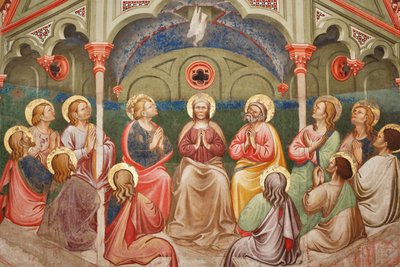 「ペンテコステ」、祈る聖人と聖母マリア、鳩の詳細、1420年頃（フレスコ画） 作： Master of Vignola