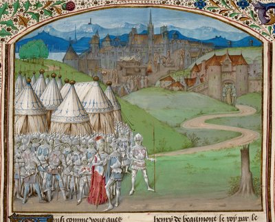 ロイヤル 15 E. IV f.316v イザベラ女王とその軍隊、背景にヒュー ル デペンサーの体を 4 分割したもの、「Chroniques d