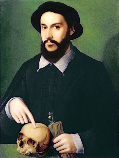 右手が頭蓋骨を指している紳士の肖像、1540年頃 作： Master of the 1540s