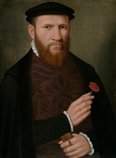 右手に赤いカーネーションを、左手に手袋をした男の肖像、1540-51 作： Master of the 1540s