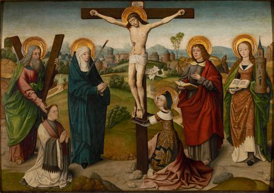 聖人と寄付者による磔刑、1490～1495年頃。 作： Master of the Aachen Cabinet Doors
