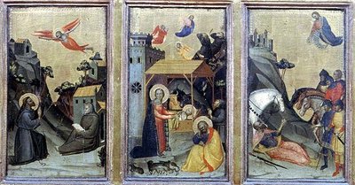 聖フランシスコの聖痕、聖パウロの降誕と改心（パネルにテンペラ 作： Master of the Accademia Misericordia