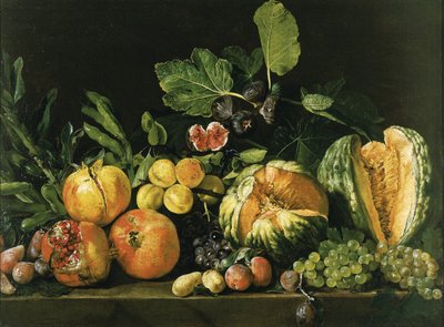 ザクロ、メロン、ブドウ、桃、イチジク、その他の果物 作： Master of the Acquavella Still Life