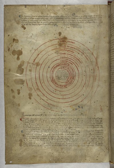 Egerton MS 943 f.2v Inferno: 地獄の球体の円形図、Dante Alghieri 作「Divina Commedia ( The Divine Comedy )」より (ベラムにインクとカラー) 作： Master of the Antiphonar of Padua