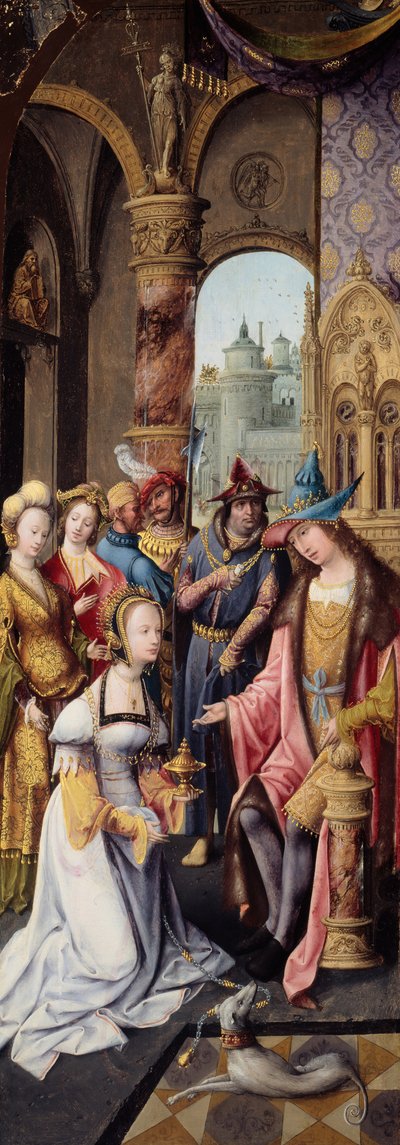 シバの女王を迎えるソロモン王、151520。 作： Master of the Antwerp Adoration