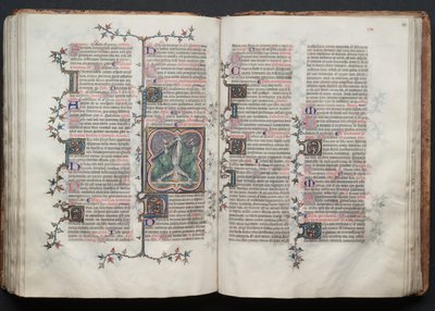 ゴータ・ミサ典書: Fol. 117v、十字架に逆さまに縛られた聖ペテロ、c。 1375年。 作： Master of the Boqueteaux