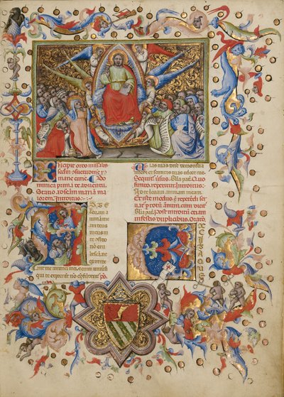 威厳に満ちたキリスト；初回A：神に魂を捧げる男 作： Master of the Brussels Initials