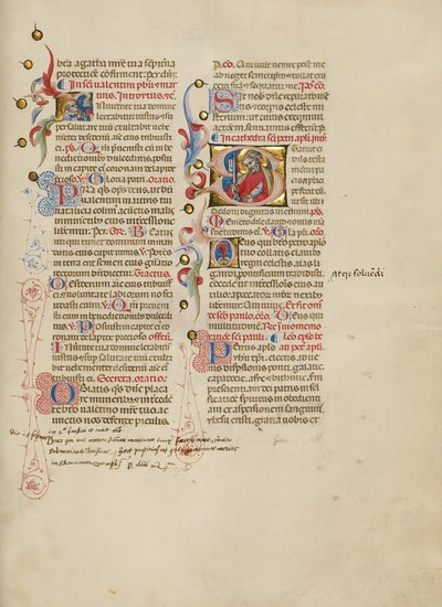 イニシャルI：聖バレンティヌス、イニシャルS：聖ペテロ 作： Master of the Brussels Initials