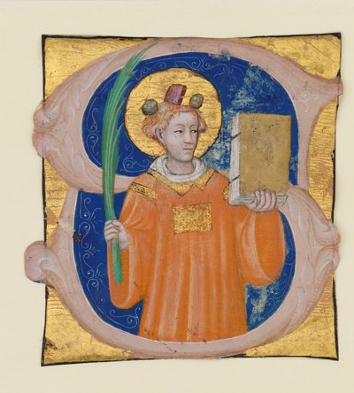 イニシャル S の聖ステファノと写本の照明、アンティフォナリー、イタリア語、約 1410-2 作： Master of the Brussels Initials