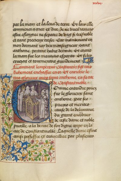 頭文字C：聖アンソニーの遺体を安置するコンスタンチノープル皇帝 作： Master of the Brussels Romuléon