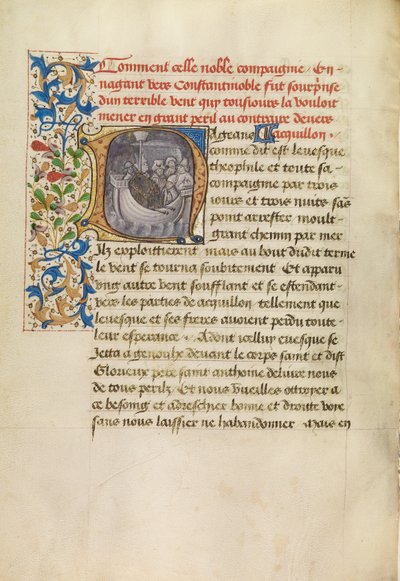 イニシャルN：テオフィロス司教の船が航路を外れ、祈るテオフィロス司教 作： Master of the Brussels Romuléon