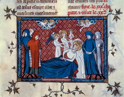 1270年8月25日、チュニスでのサン・ルイの死。マヒエが盛り上げ、サン＝パススのウィリアムが書いた「サン・ルイの生涯と奇跡」の写本（277ページ）のミニチュア 作： Master of the Cambrai Missal Mahiet