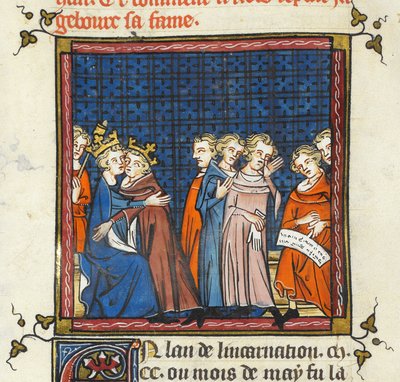 フィリップ・アウグストゥスとイギリスのジョン王が平和を築いている、「Grandes Chroniques de France ou de St Denis」のイラスト 作： Master of the Cambrai Missal Mahiet