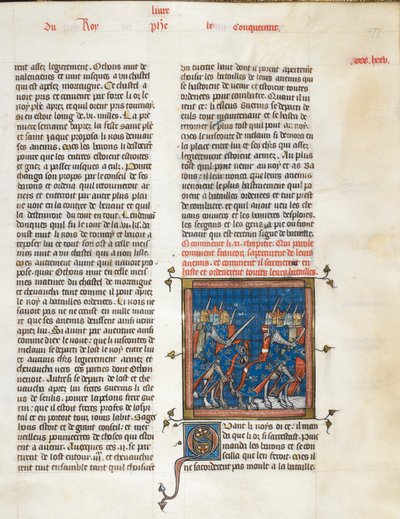 Royal 16 G. VI、f.377「Les Grandes chroniques de France」からのブーヴィーヌへの行進中のフランス軍、c.1332-50（ベラムにインク、色、金） 作： Master of the Cambrai Missal Mahiet