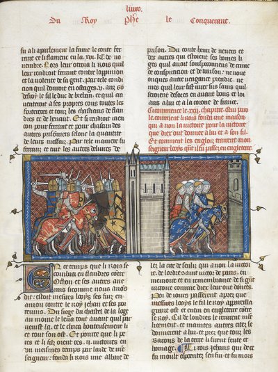 Royal 16 G. VI f.385 行進中のイングランド王ジョンとルイ 8 世との戦い、「Les Grandes chroniques de France」、c.1332-50 (ベラムにインク、色、金) 作： Master of the Cambrai Missal Mahiet