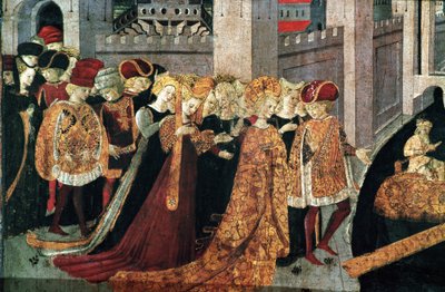 Decameron de Boccaccio (Jean Boccaccio): the Chatelain Periconeは、マヨルカ島でバビロンのスルタンBeminedabの娘Alatielとそのスイートを歓迎する（Pericone da Visalgo welcoming Alatiel daughter of Beminedab, the Sultan of Babylon, on hi. 作： Master of the Cassoni