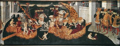 Decameron de Boccaccio (Jean Boccaccio): the Chatelain Periconeは、マヨルカ島でバビロンのスルタンBeminedabの娘Alatielとそのスイートを歓迎する（Pericone da Visalgo welcoming Alatiel daughter of Beminedab, the Sultan of Babylon, on hi. 作： Master of the Cassoni