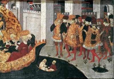 Decameron de Boccaccio (Jean Boccaccio): the Chatelain Periconeは、マヨルカ島でバビロンのスルタンBeminedabの娘Alatielとそのスイートを歓迎する（Pericone da Visalgo welcoming Alatiel daughter of Beminedab, the Sultan of Babylon, on hi. 作： Master of the Cassoni