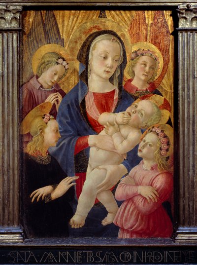 4人の天使に囲まれた処女と子供の姿。カステッロEc.の降誕祭のマスターの絵。イタリアの 作： Master of the Castello Nativity
