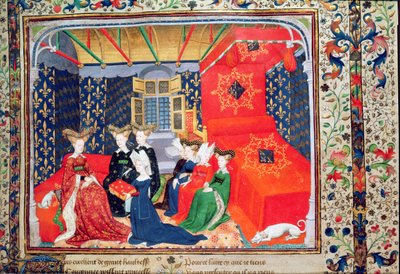 Harl 4431 fol.3 Christine de Pisan は、Christine de Pisan の詩からバイエルンのイザベラ女王に彼女の本を贈呈し、c.1410-15 (vellum) 作： Master of the Cité des Dames