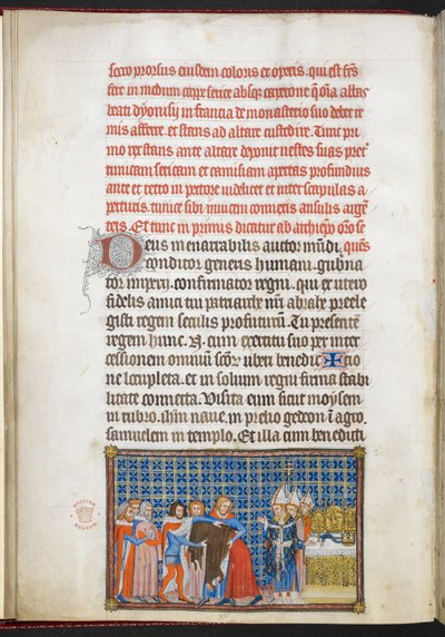 コットン ティベリウス B. VIII f.47v 上着を脱ぐ王、「フランス王シャルル 5 世の戴冠式の書」の挿絵 作： Master of the Coronation Book of Charles V