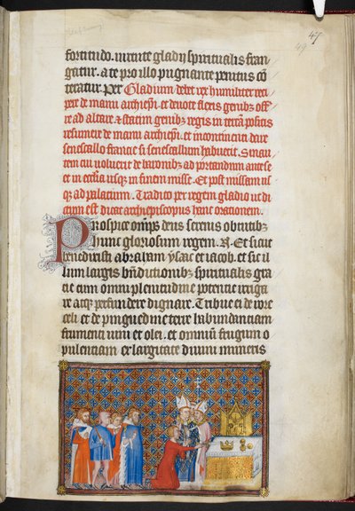 コットン ティベリウス B. VIII f.49r 祭壇に剣を差し出す王、「フランス王シャルル 5 世の戴冠式の本」のイラスト 作： Master of the Coronation Book of Charles V