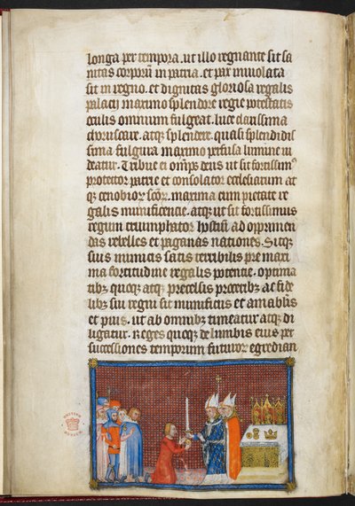 コットン ティベリウス B. VIII f.49v 王に剣を返すランスの大司教、「フランス王シャルル 5 世の戴冠式の本」の挿絵 作： Master of the Coronation Book of Charles V
