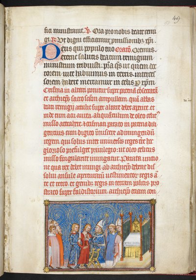 コットン ティベリウス B. VIII f.51r、「フランス王シャルル 5 世の戴冠式の書」より王のチュニックを外すランス大司教 作： Master of the Coronation Book of Charles V