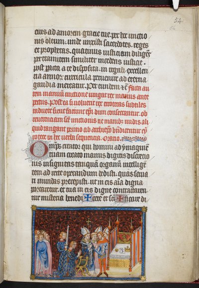 コットン ティベリウス B. VIII f.56r 「フランス王シャルル 5 世の戴冠式の書」よりランス大司教が国王の手袋を祝福 作： Master of the Coronation Book of Charles V