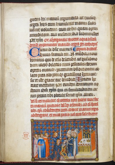 コットン ティベリウス B. VIII f.56v、「フランス王シャルル 5 世の戴冠式の書」より、国王の手に手袋をはめているランスの大司教 作： Master of the Coronation Book of Charles V